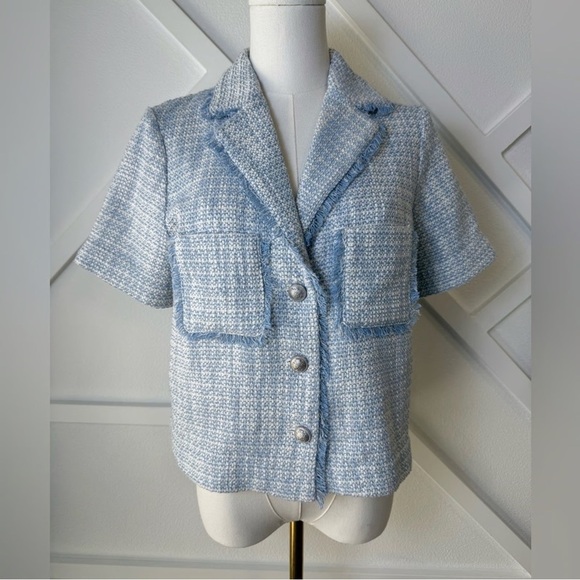 Joie Light Blue and white Tweed Short-Sleeve Blazer medium - Picture 1 of 7